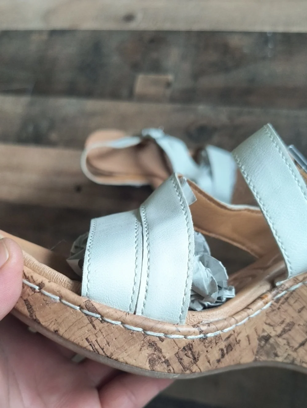 b.o.c. Cream White Faux Leather Cork Wedge Sandals Sz 7 Women